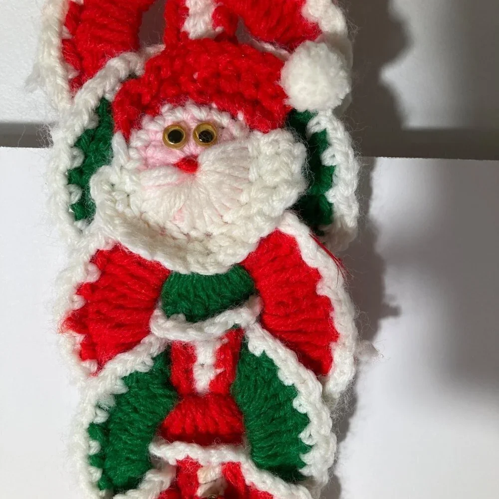 Vintage 60s Handmade Crocheted Santa Bell Wall Hanger Red‎ Green Tassle 4 x 31